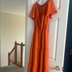 Monteau Orange V-Neck Flutter Sleeve Maxi Dress